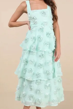 Lulus NWT Mint Green 3D Rosette Tiered Midi Dress - size Medium thumbnail 1