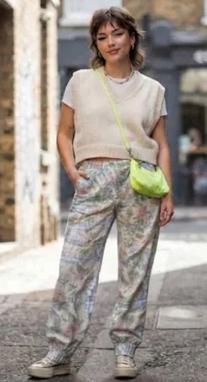 Vintage 90s Pastel Floral Linen Pants TARAZZIA Size Large Cottage Coastal Boho thumbnail 1