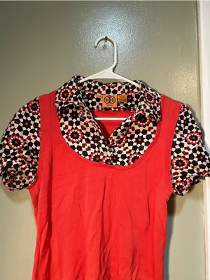 Tory Burch Women's Size Medium Twofer Sweater Blouse Coral Geometric‎ Collared thumbnail 2