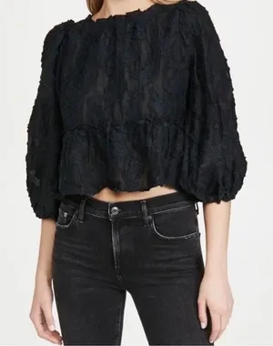 Free People Black Textured Sheer Flowy Blouse Open-Back Women's size Large thumbnail 1