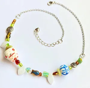 Handmade Kawaii porcelain maneki-neko (lucky cat) & Czech glass beads mix unisex necklace/choker💚🐈🌿 thumbnail 1