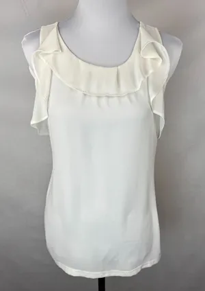 Loft Women Top Sz S Ivory Sleeveless Round Neck Ruffle Pullover thumbnail 1