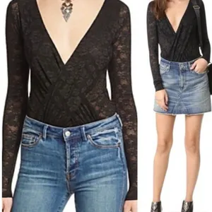 INTIMATELY FREE PEOPLE Women's Size XS Black V Neck Lace Bodysuit Top Vampy Goth thumbnail 13