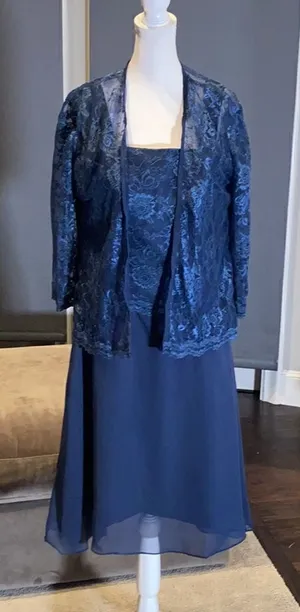 Women’s Navy Tea Length Formal Wedding Dress with Matching Jacket Size 12 NWOT thumbnail 1