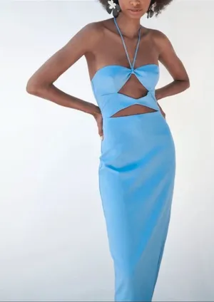 Zara Bright Blue Strapless Cutout Midi Dress thumbnail 1