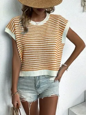 Knit Mix Sweater Vest White Orange Striped Textured Knit Boxy Preppy Coastal L thumbnail 1