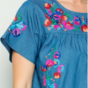 Blue Chambray Floral Embroidered Babydoll Blouse Artsy Boho Folkcore Grandmacore thumbnail 2