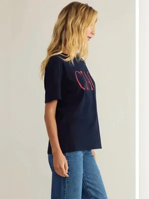 Z Supply Ciao Boyfriend Tee Navy Blue Red Eclipse Embroidered Size Medium thumbnail 2