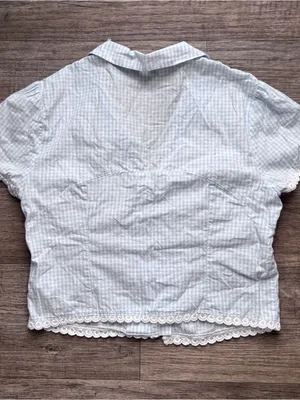 Coquette white/blue gingham button down blouse lace trim femenine minimalist thumbnail 8