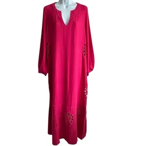 Young Fabulous & Broke Cape Code Pink Linen Maxi Dress M Eyelet Crochet Caftan thumbnail 2
