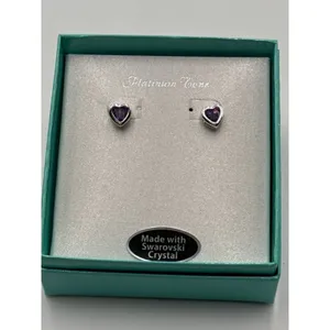 Heart Stud Earrings Swarovski Crystal Purple Platinum Tone Boxed Gift Jewelry thumbnail 2