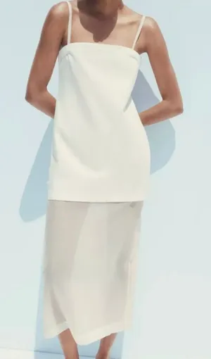 Zara Ivory Midi Dress With Straight Neckline And Sheer Hem Size L thumbnail 1