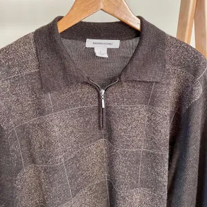 Vintage Checkered Grid Print Speckled Polo Neck Collared Quarter Zip Sweater in Chocolate Brown thumbnail 3