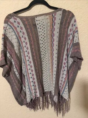 Easel Boho Knit Fringe Sweater Poncho - Neutral Stripe oversized small thumbnail 3