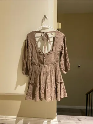NWT free people boho Taupe Peasant Mini Dress with Puff Sleeves, size Xs thumbnail 6