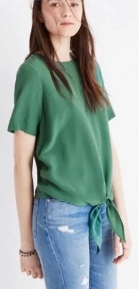 Madewell Silk Button-Back Tie-Front Top Forest Green G2064 Size L thumbnail 1