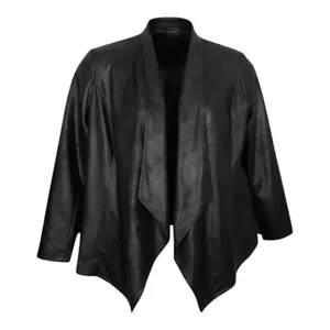 JM Collection Vegan Leather Draped Black Jacket Size M Open Front Blazer Casual thumbnail 1