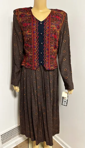 Vintage First Focus NWT Paisley Geometric Maxi Dress Brown Red Size 13/14 Retro thumbnail 1