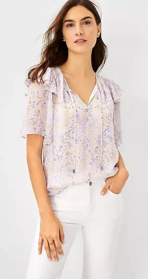 NWT Ann Taylor Size Medium Floral Flutter Sleeve Subtle Metallic Blouse NEW thumbnail 1