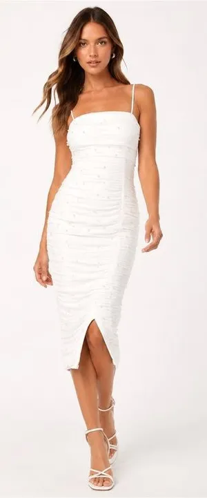 NEW Lulus Toast to Romance White Ruched Pearl Bodycon Midi Dress Sz LARGE thumbnail 1