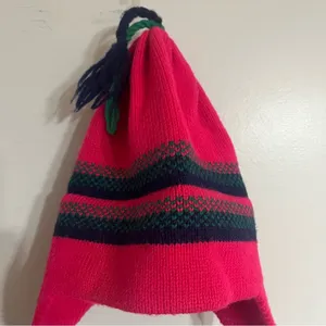 Hi-Line Knits 100% Wool Winter Hat‎ Tassles On Top + Ear Cover Bright Pink thumbnail 2