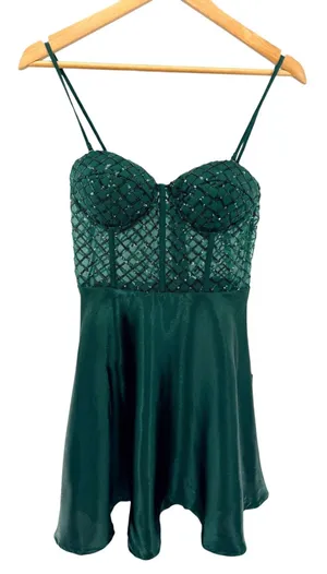 Lulus Going Glam Dark Green Sequin‎ Bustier Skater Dress Mini Party Medium Flaw thumbnail 1