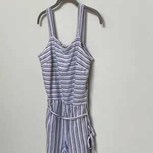 Beach Lunch Lounge Blue White Stripe Linen Blend Cropped Jumpsuit S‎ thumbnail 5