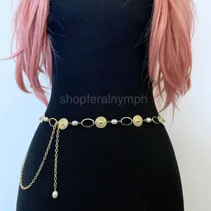 Gold Y2K Faux Pearl Coin Medallion Chain Belt, Fits 17 to 43.5 Inches, X7GA1310 thumbnail 1