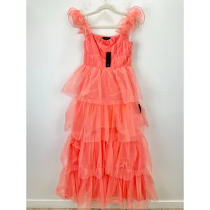Lulus Tulle For Love Coral Pink Mesh Tulle Tiered Ruffled Maxi Dress Medium NWT thumbnail 5