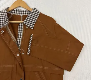 Brown Canvas Utility Jacket Gingham Trim Contrast Stitch Workwear Small thumbnail 1