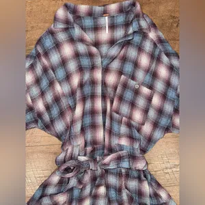 Free People Viscose Blend Before I Let Go Plaid Romper in Blue & Brown Tie Wasit thumbnail 4