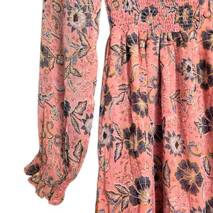 Patrons of Peace Pastel Pink Floral‎ Boho Smocked Long Sleeves Maxi Dress Medium thumbnail 5