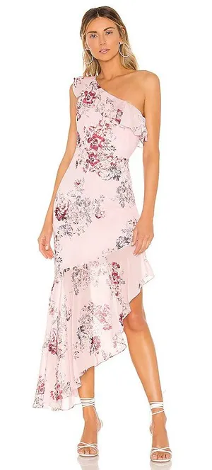 Michael Costello x REVOLVE Cole Dress in Pink‎ Floral One Shoulder Ruffle Small thumbnail 1
