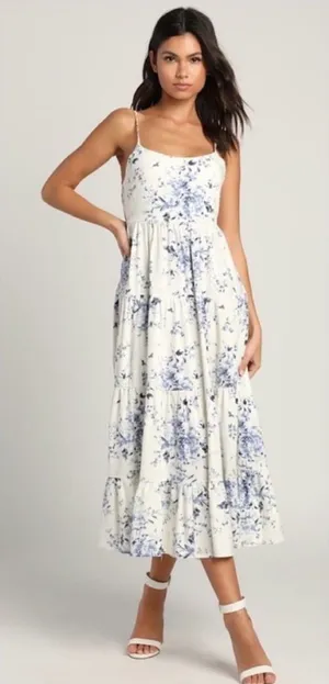 Lulus Mykonos Mood Ivory Floral Print Tie-Strap Tiered Midi Dress S/M? thumbnail 1