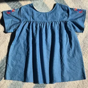 Blue Chambray Floral Embroidered Babydoll Blouse Artsy Boho Folkcore Grandmacore thumbnail 3