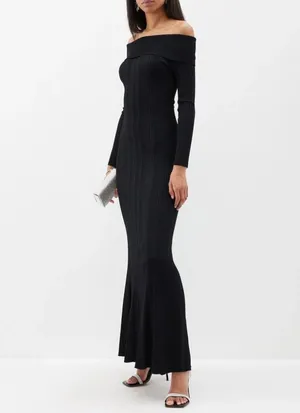 Self-Portrait Off The-Shoulder Ribbed-Knit Maxi Dress Size XL Black thumbnail 2