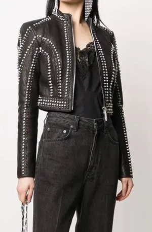 Genuine Leather Studded Crop Jacket Coat Blazer Cardigan Parka Slim Rhinestones thumbnail 1