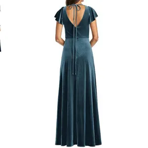 NWT After Six Lux Velvet V-Neck Maxi‎ Low V-Back Flutter Sleeves Dress 0 thumbnail 2