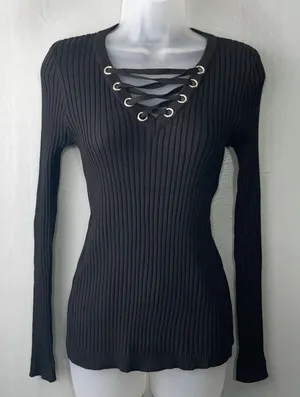 MAZE Lace Up Sweater Size Medium Black Ribbed Knit Office Siren Dark Romantic thumbnail 1