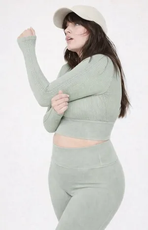 Aerie Offline Sidewalk Seamless Cable Knit Long Sleeve in Sage thumbnail 1