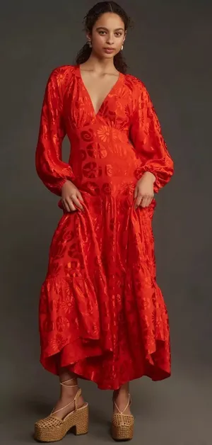 NWT Anthropologie x FARM Rio Red Satin Long-Sleeve V-Neck Jacquard Maxi Dress M thumbnail 1