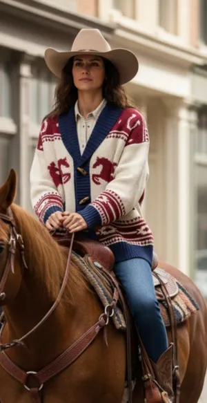 NWOT Altar'd State Bonnie Horse Knit Cream Navy Shawl Collar Cardigan Western thumbnail 1