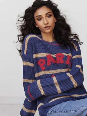 Altar'd State Striped Chunky Knit Fisherman Sweater Slouchy Blue Beige Size M thumbnail 1