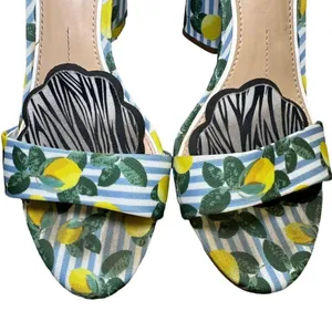 Gianni Bini Joenah Lemon Print Ankle Strap Block Heel Sandals Size 6 Blue White thumbnail 3