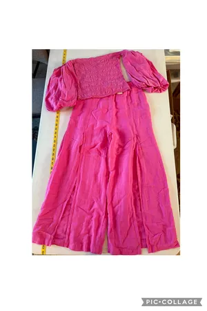 Young Fabulous & Broke Pink Linen Smocked Puff Sleeve Top Wide Leg Slit Pant Set Extra Small thumbnail 2