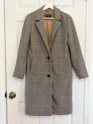 Abercrombie & Fitch XS Houndstooth Plaid Long Coat Quiet Luxury Old Money Preppy thumbnail 2