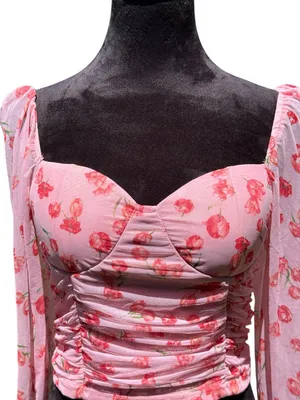 Fore Pink‎ Floral Mesh Ruched Bustier Crop Top Long Sleeve Square Neck Size L thumbnail 3