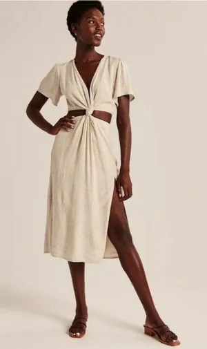 Abercrombie & Fitch Womens Boho Beach‎ Linen Blend Knotted Cutout Midi Dress XLT thumbnail 1