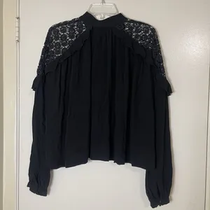 Free People long sleeve black embroidered ruffle hem blouse top small thumbnail 6