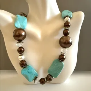Turquoise and Brown Beaded Howlite Statement Faux Pearl Necklace thumbnail 2